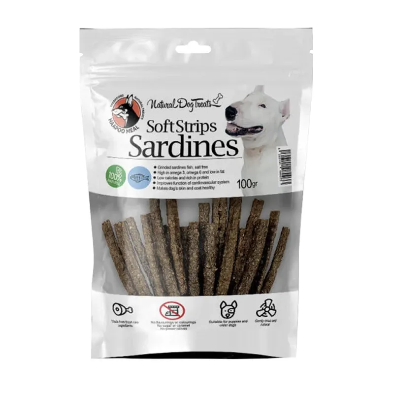 تشویقی سگ هاپومیل مدل استریپ نرم ساردین Soft Sardine Strips وزن 100 گرم